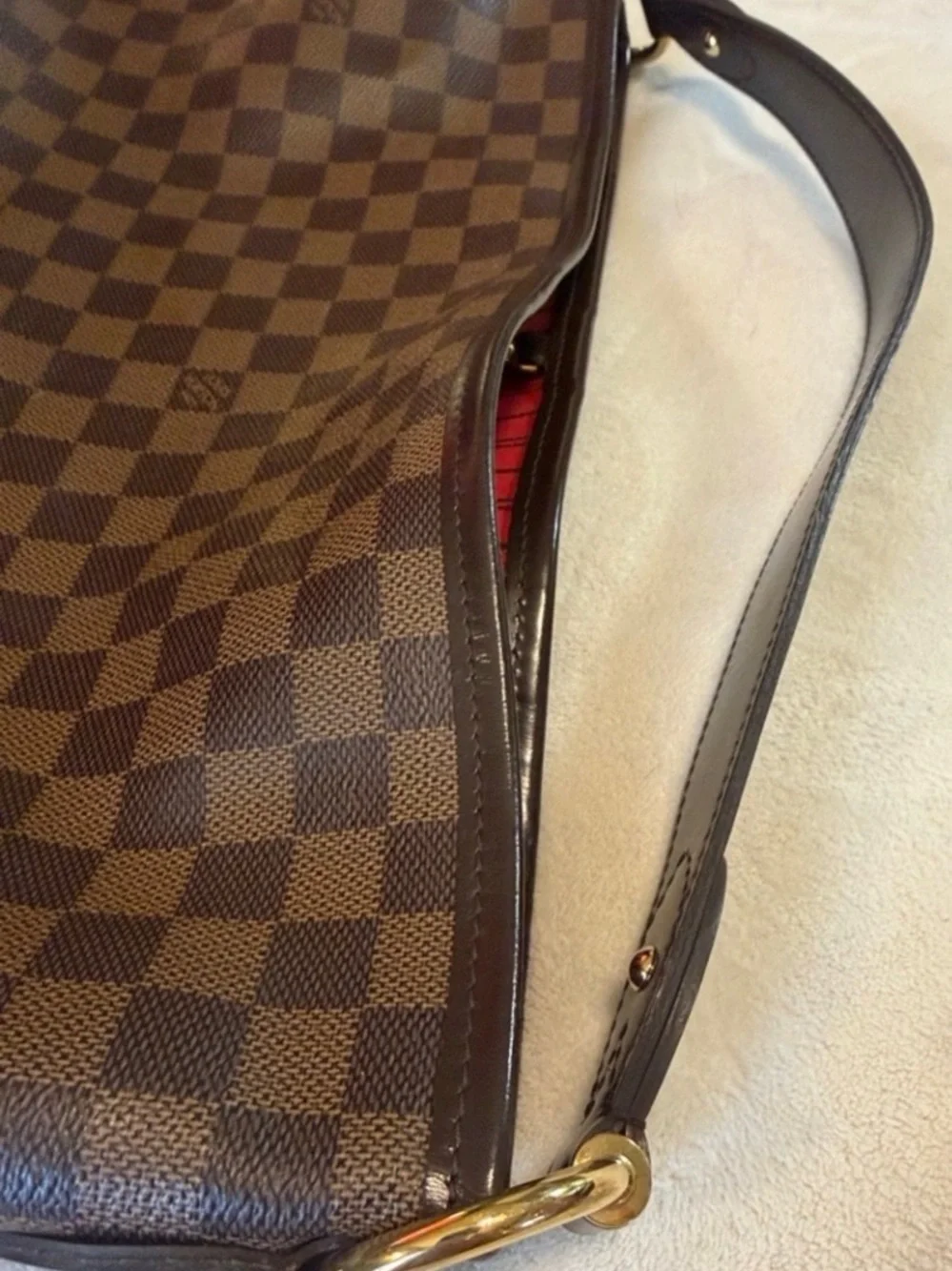 Louis Vuitton Brown Damier Shoulder Bag with Red Lining